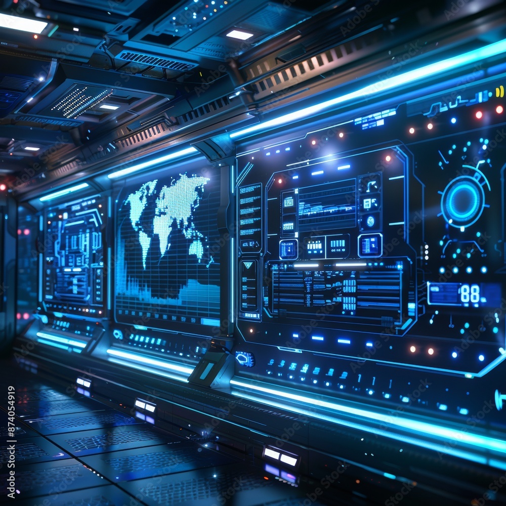 Naklejka premium Futuristic Digital Board Displaying Real-Time Data in High-Tech Blue and White Design