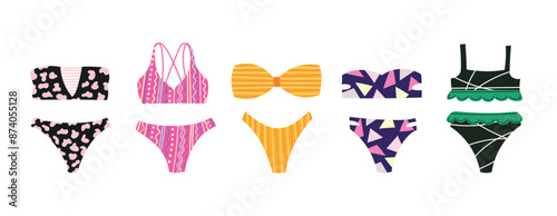 Beach swimsuit set. Swimming wear vector set. Bikini swimsuits summer vacation clothing fashion. Stylish set women's swimwear isolated on white background. Fashionable swimsuits.