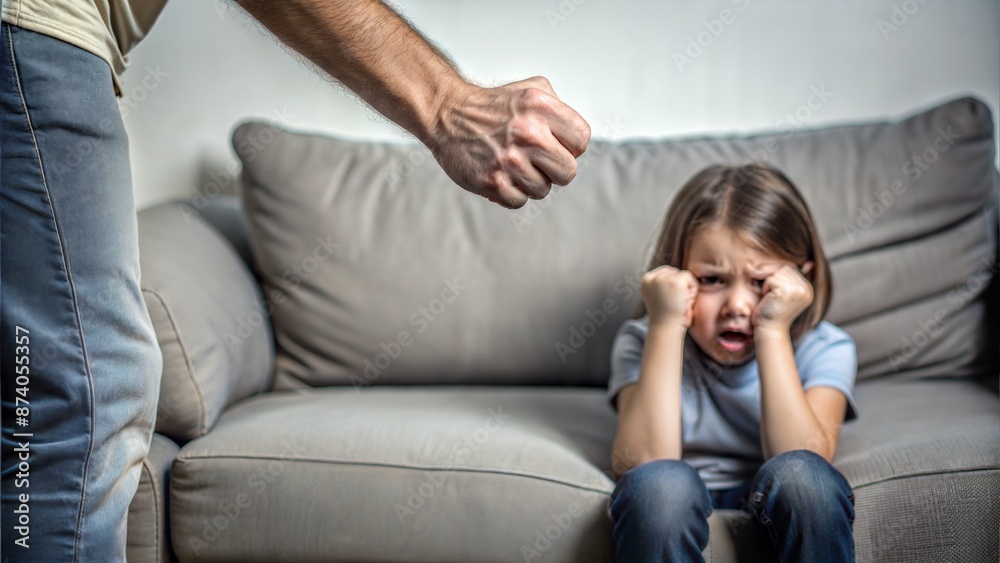 A menacing male fist looms over a terrified child's downturned face, both sitting on a couch, conveying a distressing atmosphere of child abuse and domestic violence. A menacing male fist looms over a terrified child's downturned face, both sitting on a couch, conveying a distressing atmosphere of child abuse and domestic violence.