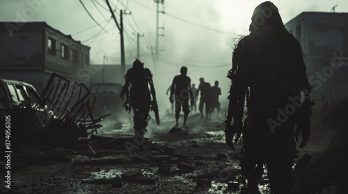 Wallpaper Mural A group of zombies walk through a desolate, post-apocalyptic city street. The image is rendered in a dark, gritty style with a focus on silhouettes. Torontodigital.ca
