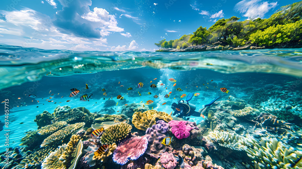 Taking a scuba dive in crystal clear tropical waters, exploring vibrant coral reefs and marine life, with colorful fish swimming around, Taking a scuba dive in crystal clear tropical waters, exploring vibrant coral reefs and marine life, with colorful fish swimming around,