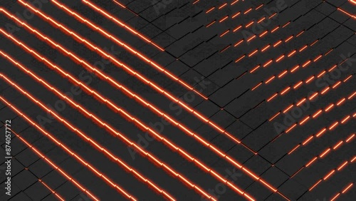Black metal cubes with red neon lighting, wave motion, corporate abstract background, mosaic pattern, seamless looped animation. Concept business, big data. 3D render