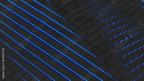 Black metal cubes with blue neon lighting, wave motion, corporate abstract background, mosaic pattern, seamless looped animation. Concept business, big data. 3D render