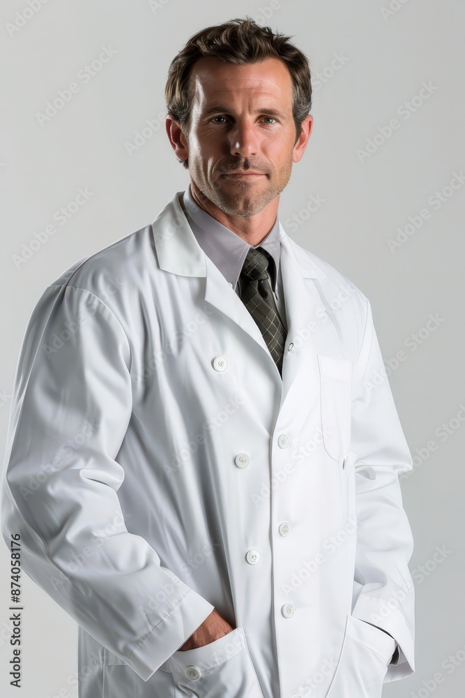 Professional male doctor wearing a white lab coat, standing confidently with hands in pockets, on a neutral background. Professional male doctor wearing a white lab coat, standing confidently with hands in pockets, on a neutral background.