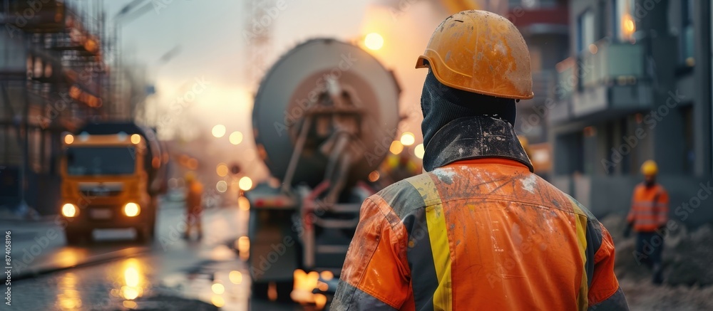 Construction worker in high-visibility gear and helmet overseeing a busy urban construction site during dusk with machinery and vehicles in the background. Construction worker in high-visibility gear and helmet overseeing a busy urban construction site during dusk with machinery and vehicles in the background.