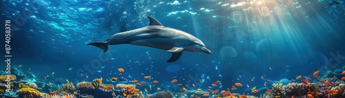 Wallpaper Mural A stunning underwater scene featuring a dolphin gracefully swimming amidst colorful coral and tropical fish, illuminated by sunlight filtering through the ocean surface. Torontodigital.ca