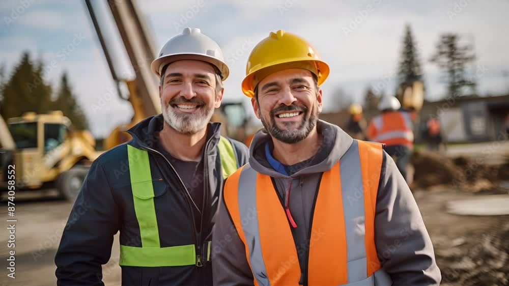 Smiling architect and engineer looking at camera from construction site Smiling architect and engineer looking at camera from construction site