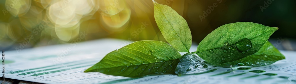 Close-up of fresh green leaves with water droplets on a financial report, symbolizing eco-friendly business practices and sustainability. Close-up of fresh green leaves with water droplets on a financial report, symbolizing eco-friendly business practices and sustainability.
