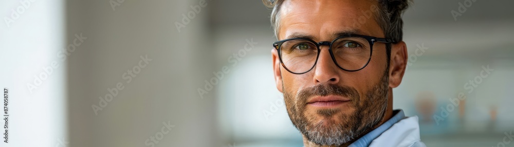 Portrait of a confident mature man with glasses and beard, wearing a casual shirt, looking at the camera indoors. Portrait of a confident mature man with glasses and beard, wearing a casual shirt, looking at the camera indoors.
