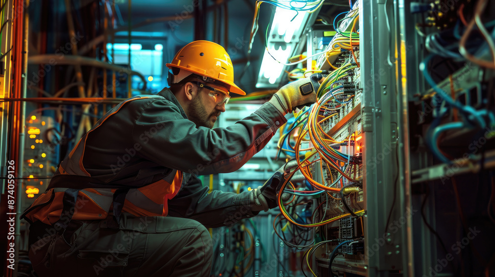 Obraz premium An electrician working on an electrical panel, seen from behind with the full cabinet open and various wires connected to lamps and transacted lights