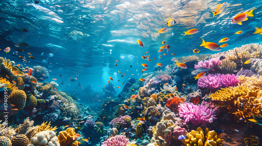 Fototapeta premium Taking a scuba dive in crystal clear tropical waters, exploring vibrant coral reefs and marine life, with colorful fish swimming around,