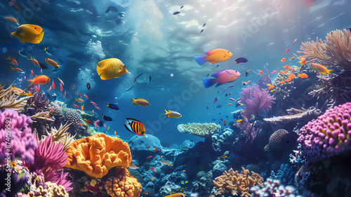 Wallpaper Mural Taking a scuba dive in crystal clear tropical waters, exploring vibrant coral reefs and marine life, with colorful fish swimming around, Torontodigital.ca