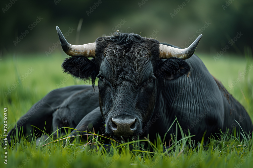 Naklejka premium Ox lying on the green grass