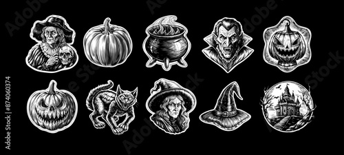 Vintage Halloween Illustrations Set: Witches, Pumpkins, Black Cat, Cauldron, Vampire, and Haunted House. Halloween big collection of vector illustrations in vintage gothic engraved black white style