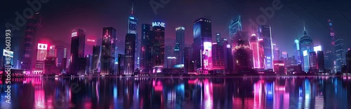 Futuristic cyberpunk city full of neon lights at night, Retro future illustration in a style of pixel art, Blurred background. AI generated illustration © Gulafshan