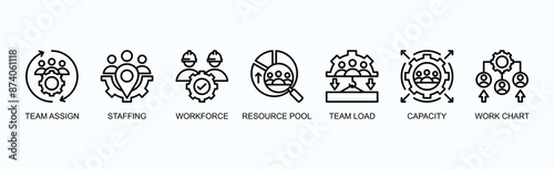 Workforce Allocation Banner Web Icon Vector Illustration Concept With Team Assign, Staffing, Workforce, Resource Pool, Team Load, Capacity, Work Chart