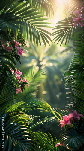 Tropical Palm leaves and flowers with sun light. Summer exotic trendy frame background with place for text	
