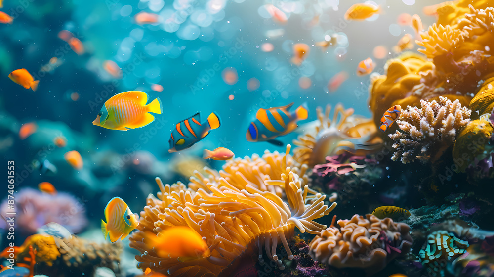 Naklejka premium Taking a scuba dive in crystal clear tropical waters, exploring vibrant coral reefs and marine life, with colorful fish swimming around,