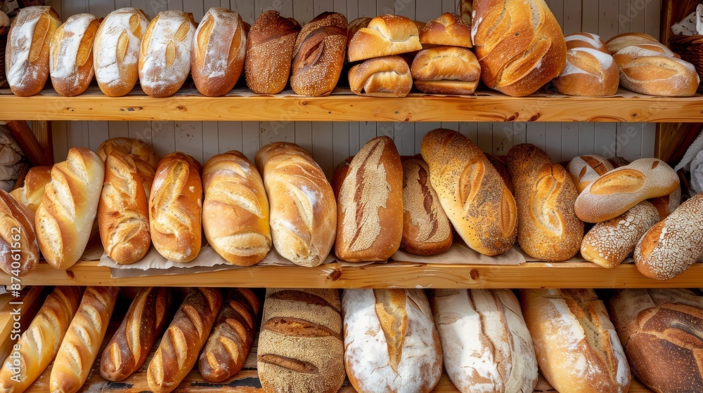 The bakery shelves display various fresh breads. The bakery shelves display various fresh breads.