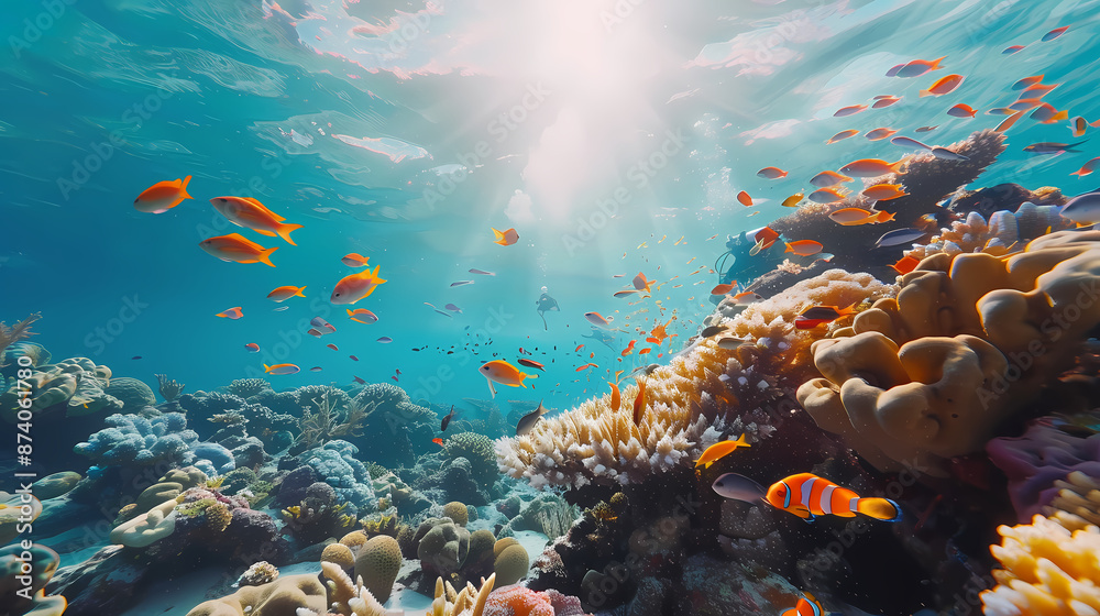 Fototapeta premium Taking a scuba dive in crystal clear tropical waters, exploring vibrant coral reefs and marine life, with colorful fish swimming around,