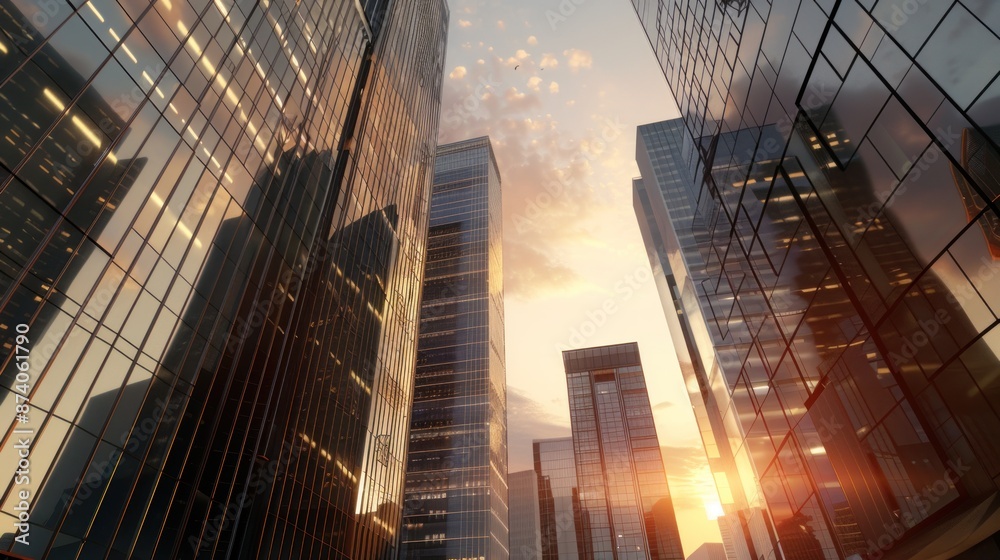 Fototapeta premium Modern skyscrapers reflecting the golden sunset, symbolizing corporate success, urban life, and financial growth