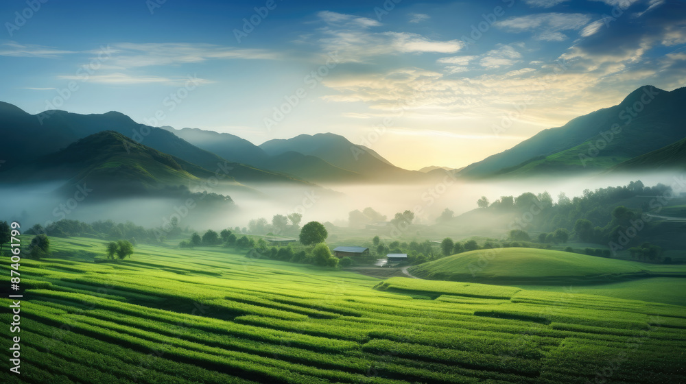 Landscape of green field and mountain with fog in the morning at sunrise., generative ai Landscape of green field and mountain with fog in the morning at sunrise., generative ai