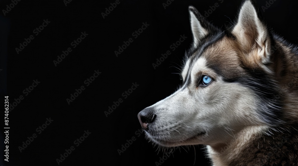 Siberian Husky with blue eyes against black backdrop side view Ample space for text Siberian Husky with blue eyes against black backdrop side view Ample space for text