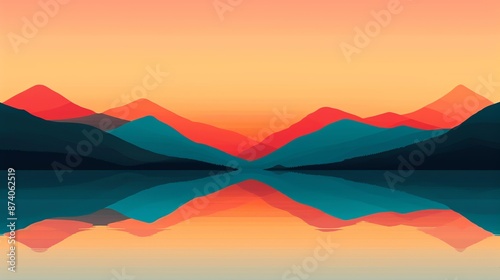 Symbolize equanimity with a serene lake reflecting a cloudless sky, conveying a sense of balance and tranquility. Illustration, Image, , Minimalism, © DARIKA