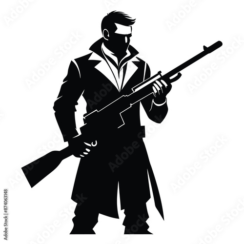 a sniper man holding a gun, an isolated white background