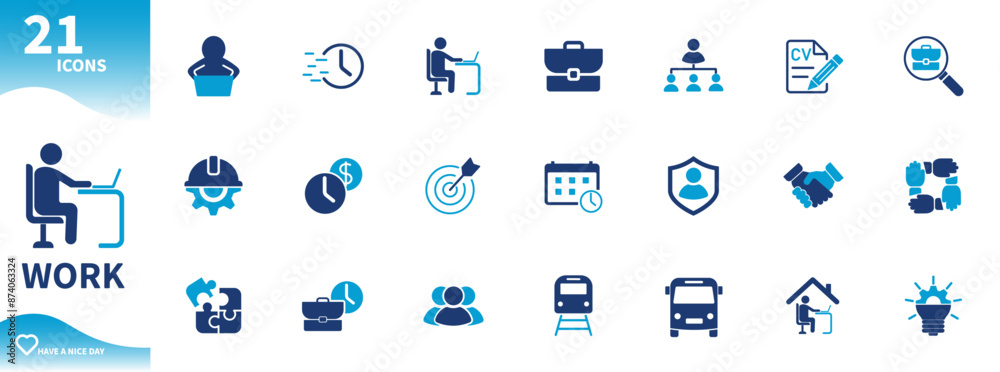 Work icon. Set of icons for teamwork, working from home, writing a CV ...