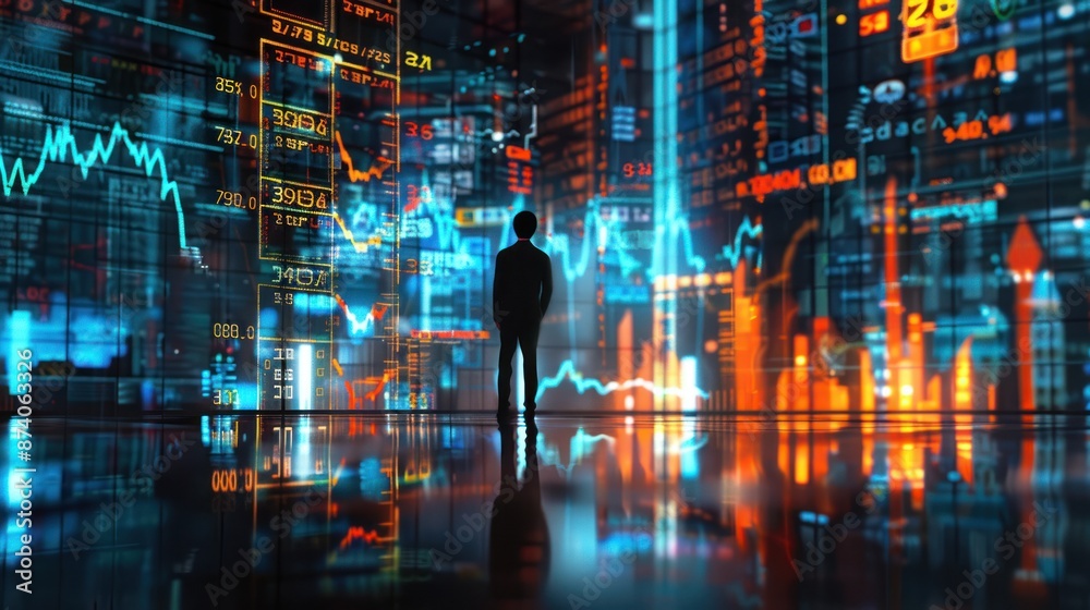 Businessman analyzing financial data and charts in a virtual reality environment. Concept of finance, trading, stock market, investment, and technology. Businessman analyzing financial data and charts in a virtual reality environment. Concept of finance, trading, stock market, investment, and technology.