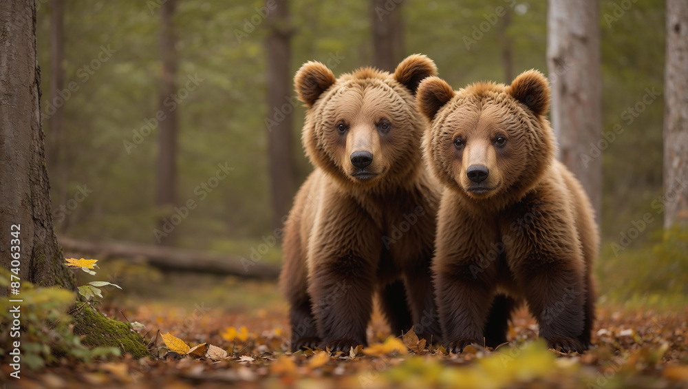 The image shows two brown bears standing in a forest. They are facing the camera and looking at the viewer.
The image shows two brown bears standing in a forest. They are facing the camera and looking at the viewer.