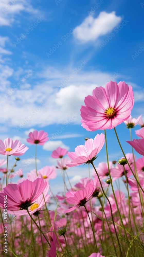 Pink cosmos field landscape sky outdoors. Pink cosmos field landscape sky outdoors.