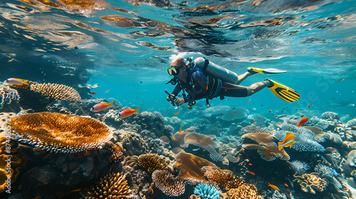 Fototapeta Naklejka Na Ścianę i Meble -  Taking a scuba dive in crystal clear tropical waters, exploring vibrant coral reefs and marine life, with colorful fish swimming around,