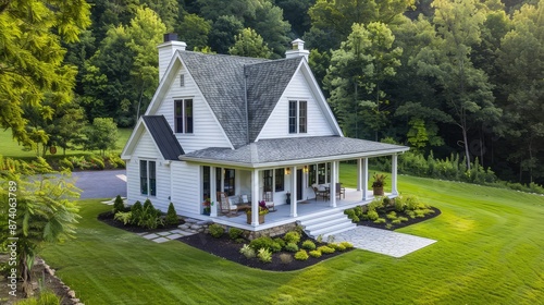 A cozy, single-story modern farmhouse with a traditional gabled roof, white cladding, and a wrap-around porch, nestled in a lush, green landscape.