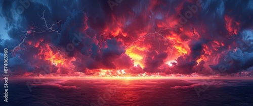 Fiery Sunset with Lightning Strikes © Bolustck