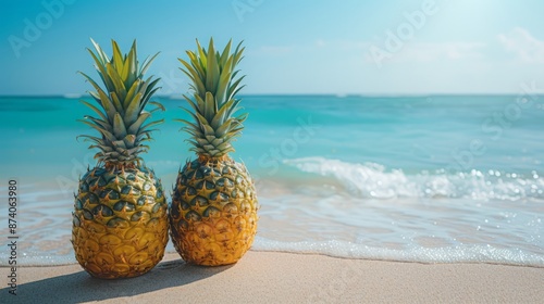 Fototapeta Naklejka Na Ścianę i Meble -  2 pineapple fruits on a sandy beach with a blue sea and a bright sky. It's the brightness of summer.
