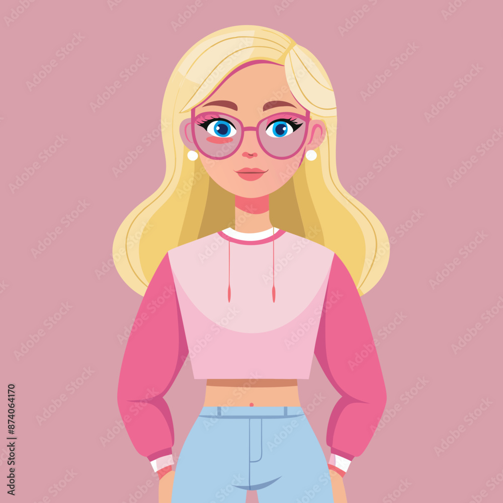 Blonde girl with pink glasses and cute clothes. Cartoon doll style, vector Blonde girl with pink glasses and cute clothes. Cartoon doll style, vector