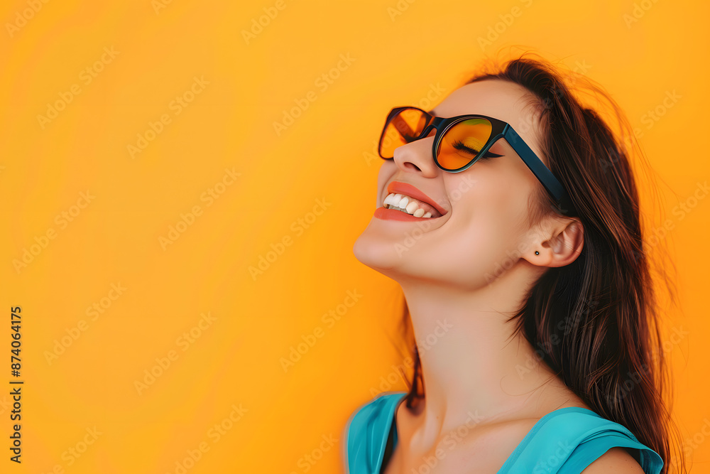 Side view portrait of young woman with smiling on color background with copy space. Side view portrait of young woman with smiling on color background with copy space.