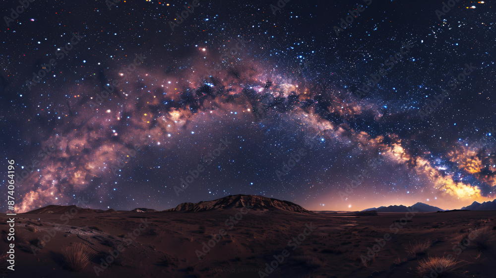 Panoramic view of the Milky Way galaxy, showcasing stars and space dust in the universe, emphasizing the vastness and beauty of outer space. Panoramic view of the Milky Way galaxy, showcasing stars and space dust in the universe, emphasizing the vastness and beauty of outer space.