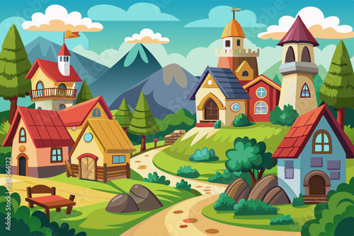 A casual location in a cute cartoon style, a path next to small houses. Vector illustration