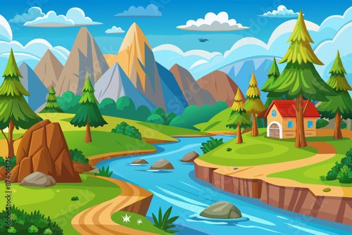 A background for a story or game. A brook running between mountains, a wooden house on the bank