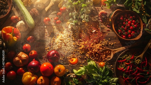 Assorted Vegetables and Spices on Rustic Table