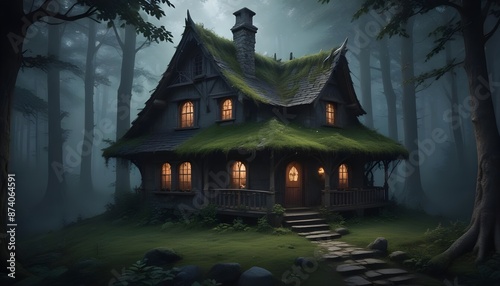 Dark natural witch cottage house in dense forest