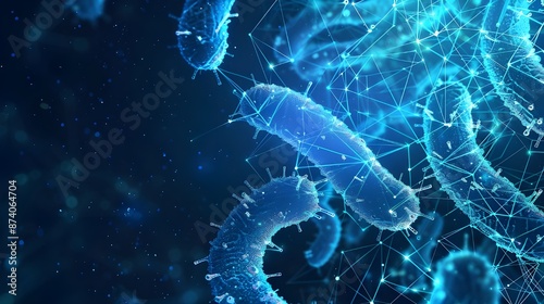 Low-poly wireframe banner vector template for microbiology. Polygonal design scientific poster with a depiction of microbes in the future. 3D mesh artwork of microscopic germs with linked dots photo