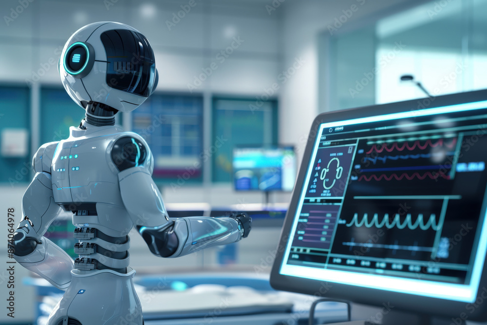 Medical robot is analyzing patient data on a computer in a modern laboratory, showcasing the future of healthcare Medical robot is analyzing patient data on a computer in a modern laboratory, showcasing the future of healthcare