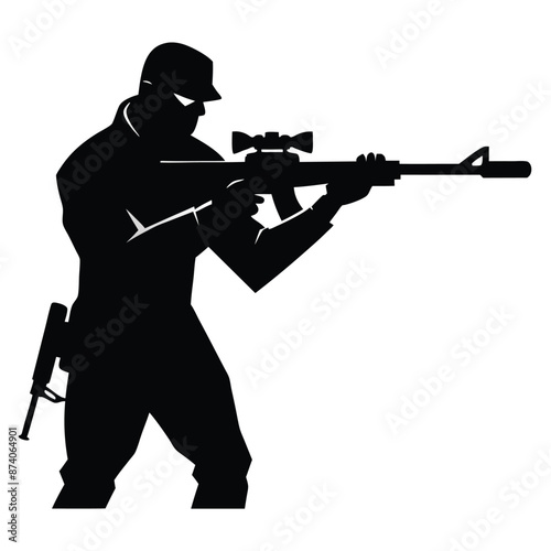 a sniper man holding a gun, an isolated white background