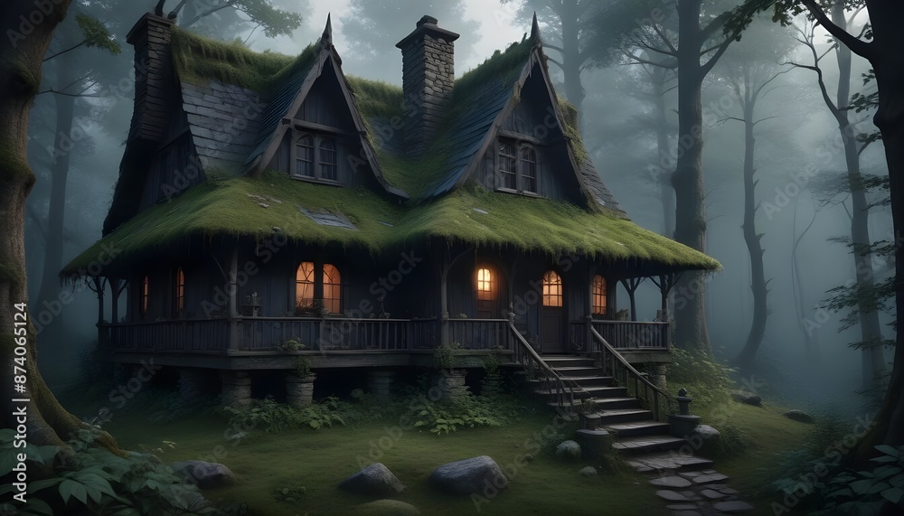 Obraz premium Dark natural witch cottage house in dense forest