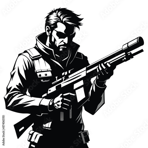 a sniper man holding a gun, an isolated white background