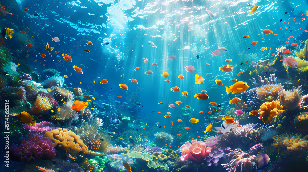 Naklejka premium Taking a scuba dive in crystal clear tropical waters, exploring vibrant coral reefs and marine life, with colorful fish swimming around,